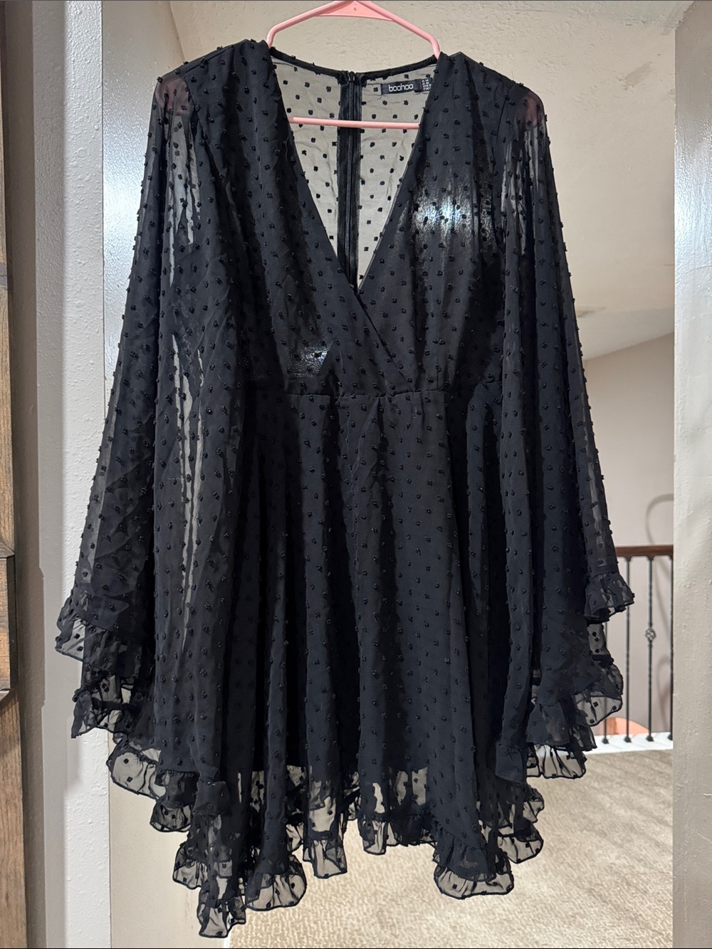 Boohoo Black Sheer Swiss Dot Ruffle V-Neck Tunic Dress - Picture 1 of 4